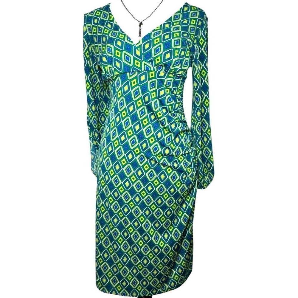 Purple Rain Womens Green Faux Wrap Ruched Dress S Geo Print Flattering Stretch
